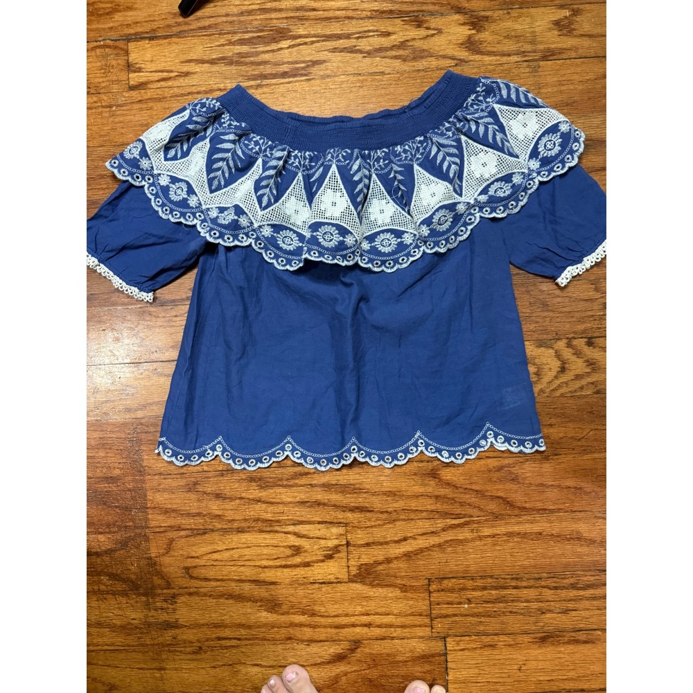 Pastel Blue Off The Shoulder Eyelet Lace Ruffle Cotton Boho Blouse Medium